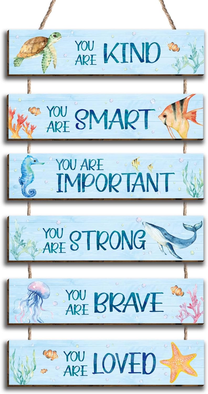 HIWERAN 6 Pieces Ocean Decor Kids Room Decor, Inspirational Watercolor Ocean Positive Quotes Wall Art Decor for Teens Children Bedroom, Works of Art Made of Wood, Works of Art of Wood, Placards of Woods - Image 1